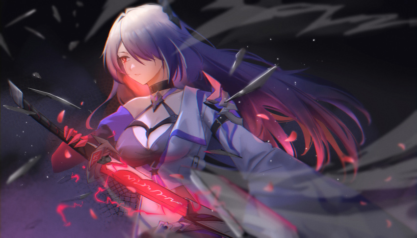 absurdres acheron_(honkai:_star_rail) armor belt black_choker blood blood_from_eyes breasts buckle choker cleavage electricity glowing glowing_hair glowing_weapon gradient_background gradient_hair hair_ornament hair_over_one_eye highres holding holding_sword holding_weapon honkai:_star_rail honkai_(series) katana long_hair long_sleev looking_to_the_side maviss_03 multicolored_hair navel parted_lips petals purple_hair red_eyes sheath shoulder_armor single_bare_shoulder sword unsheathing weapon white_hair