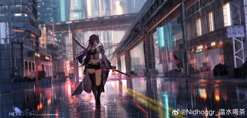 1girl absurdres acheron_(honkai:_star_rail) asymmetrical_footwear black_choker black_gloves black_shorts boots breasts chain character_name choker cityscape cleavage coat coattails detached_sleeves full_body gloves glowing glowing_eye hair_over_one_eye highres honkai:_star_rail honkai_(series) leg_tattoo long_hair midriff multicolored_hair navel nid417 purple_eyes purple_hair rain road_sign scabbard sheath sheathed short_shorts shorts sign single_bare_shoulder solo standing stomach streaked_hair sword tattoo thigh_boots train weapon weibo_logo weibo_username white_coat