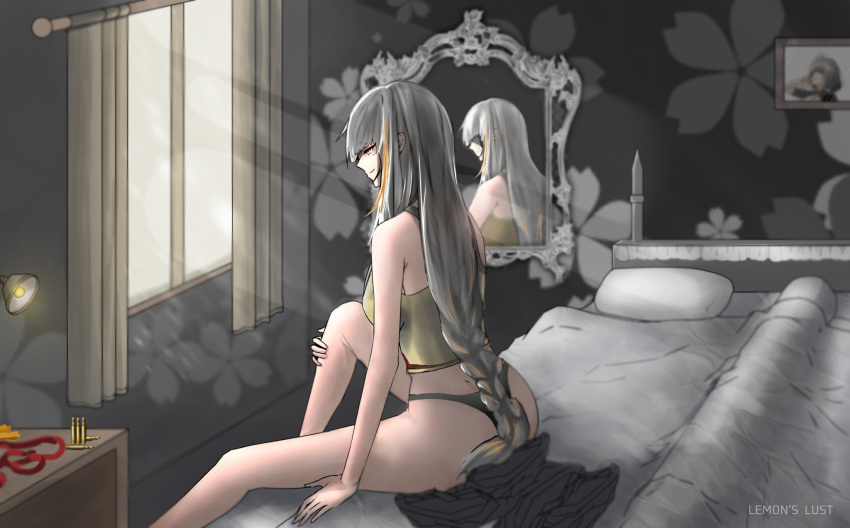 bed black_panties braid bullet closed_mouth eyepatch girls'_frontline green_skirt highres lemons_lust long_hair m16a1_(boss)_(girls'_frontline) m16a1_(girls'_frontline) mirror mole mole_under_eye multicolored_hair panties scar scar_on_face skirt smile solo underwear white_hair window yellow_eyes