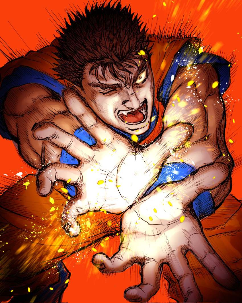 1boy berserk black_hair brown_hair commentary_request cosplay dougi dragon_ball fang feet_out_of_frame fighting_stance guts_(berserk) highres incoming_attack kamehameha_(dragon_ball) light_particles looking_at_viewer male_focus muscular muscular_male nisino2222 one_eye_closed open_mouth orange_background orange_pants orange_theme outstretched_arms pants scar scar_on_face scar_on_nose short_hair solo son_goku son_goku_(cosplay) spiked_hair squatting toriyama_akira_(character) wristband