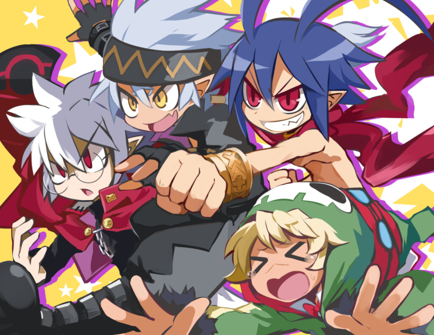 &gt;_&lt; 4boys black_footwear blonde_hair blue_hair boots bow bowtie bracelet demon_boy disgaea emizel_(disgaea) fingerless_gloves glasses gloves green_hoodie hair_between_eyes hood hoodie jacket jewelry laharl long_sleeves makai_senki_disgaea_3 makai_senki_disgaea_4 makai_senki_disgaea_5 male_focus mao_(disgaea) multiple_boys open_mouth pointy_ears red_bow red_bowtie red_eyes round_eyewear scarf smile tears topless_male usamasuku werewolf white_hair yellow_eyes zeroken_(disgaea)