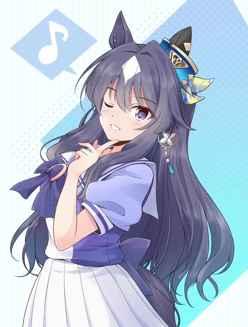 1girl ;) animal_ears black_hair bow bowtie ear_covers finger_to_cheek highres horse_ears horse_girl horse_tail horseshoe_ornament index_finger_raised long_hair looking_at_viewer mole mole_under_eye multicolored_hair musical_note one_eye_closed pleated_skirt puffy_short_sleeves puffy_sleeves purple_bow purple_bowtie purple_eyes purple_shirt sailor_collar sailor_shirt school_uniform shirt shizuna_kaede short_sleeves single_ear_cover skirt smile solo spoken_musical_note tail tail_through_clothes thighhighs tracen_school_uniform umamusume verxina_(umamusume) white_skirt white_thighhighs