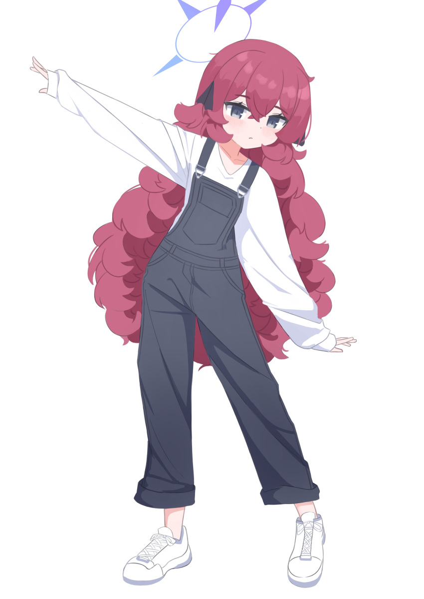 absurdres anma21 blue_archive bow closed_mouth collarbone expressionless full_body grey_eyes hair_bow halo highres iroha_(blue_archive) jumpsuit long_hair no_headwear red_hair shirt simple_background white_background white_footwear white_shirt