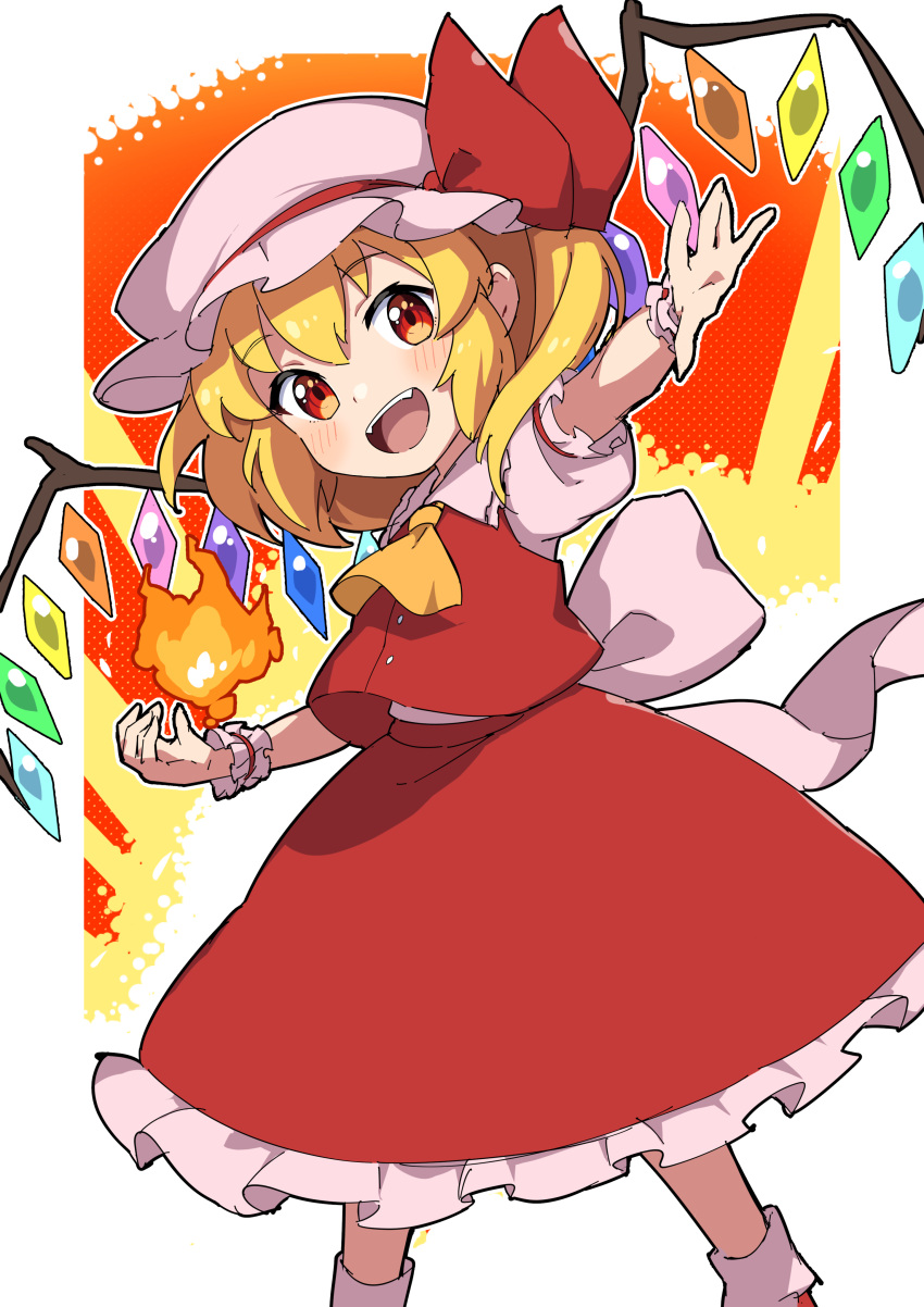 1girl :d absurdres ascot blonde_hair crystal fire flandre_scarlet hat hat_ribbon highres looking_at_viewer miz_(mizillustration) mob_cap open_mouth outside_border pink_hat puffy_short_sleeves puffy_sleeves red_eyes red_ribbon red_skirt red_vest ribbon shirt short_hair short_sleeves skirt smile solo teeth touhou upper_teeth_only vest white_shirt wings wrist_cuffs yellow_ascot