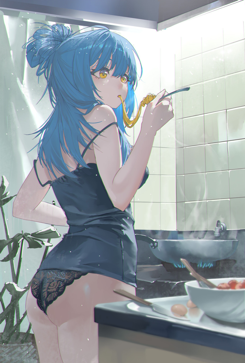 1girl ass bare_shoulders black_panties blue_fire blue_tank_top blurry blurry_foreground bowl cooking cowboy_shot curtains eating egg fire food fork frying_pan highres holding holding_fork kitchen kitchen_knife knife lace leaf long_hair noodles original panties plant potted_plant solo standing steam stove strap_slip tank_top tile_wall tiles underwear xleontan yellow_eyes