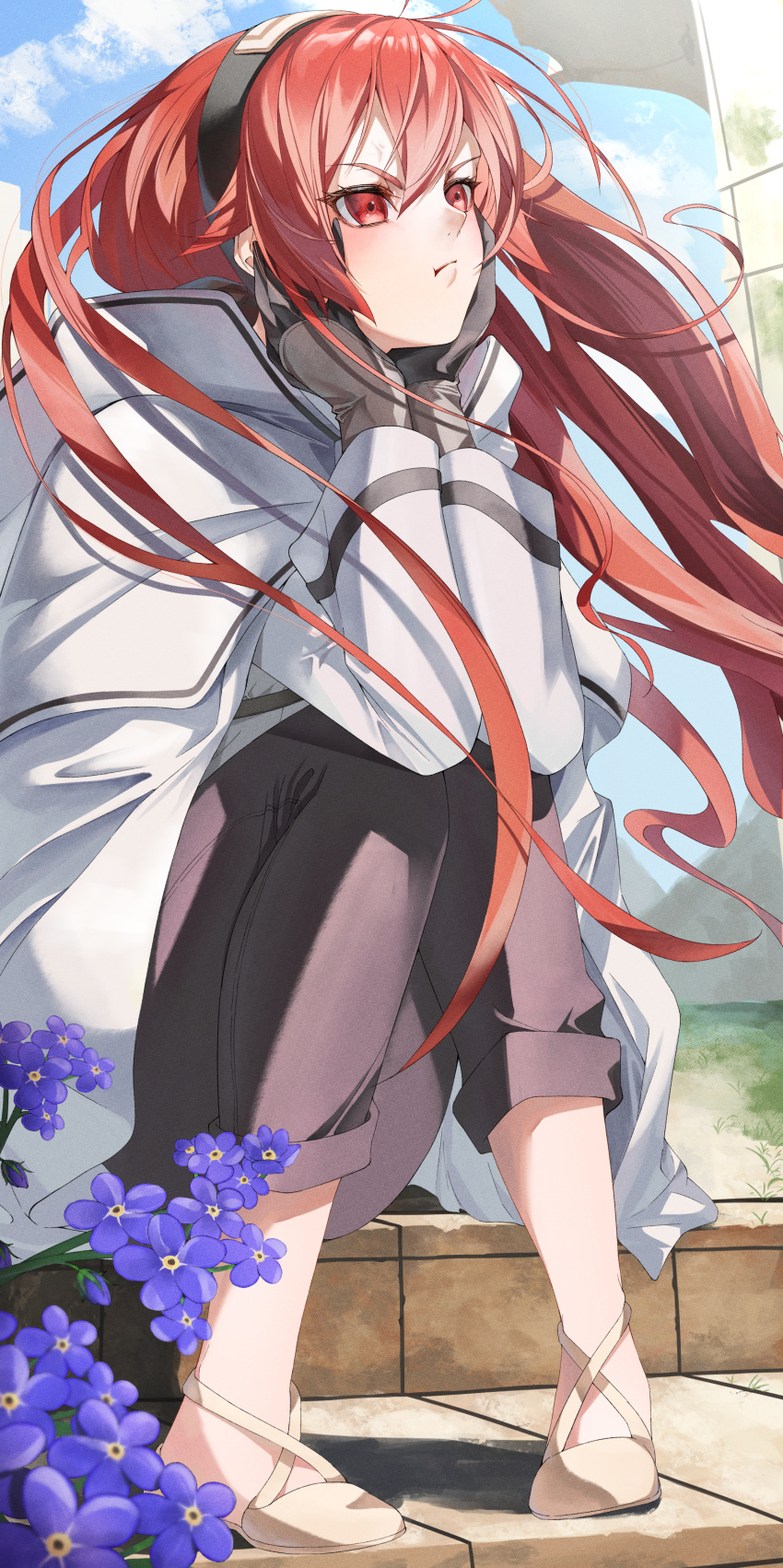 1girl absurdres black_gloves black_hairband black_pants blue_flower closed_mouth coat eris_greyrat flower gloves hairband head_rest highres knees_together_feet_apart long_hair mushoku_tensei on_floor outdoors pants red_eyes red_hair saico_isshin shoes sitting solo stone_floor v-shaped_eyebrows white_coat white_footwear