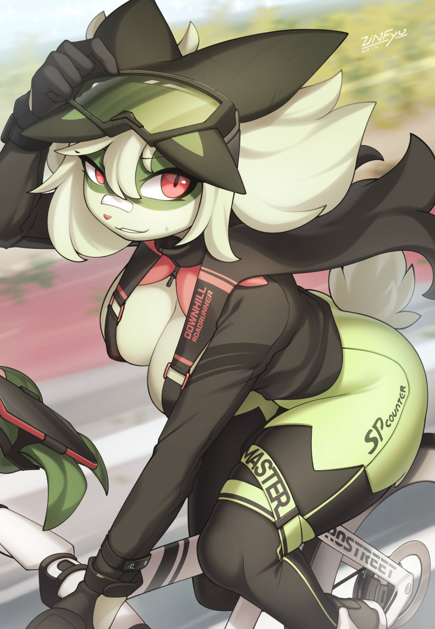 absurd_res anthro bicycle breasts clothed clothing female fur generation_9_pokemon green_body green_fur hi_res meowscarada nintendo pokemon pokemon_(species) solo zinfyu