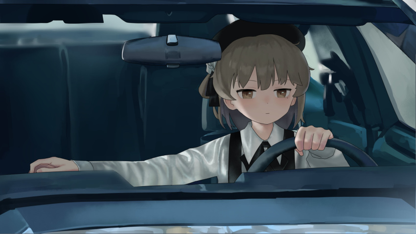 1girl absurdres beret black_hat black_ribbon brown_eyes brown_hair car closed_mouth collared_shirt commentary drive_(movie) driving english_commentary flower hair_flower hair_ornament hair_ribbon hat hatoba_tsugu highres jitome long_sleeves looking_at_viewer medium_hair mimizu_ningen mole mole_under_eye motor_vehicle neck_ribbon outdoors outstretched_arm parody ribbon rose shirt solo steering_wheel suspenders tsugu_(vtuber) upper_body virtual_youtuber white_flower white_rose white_shirt