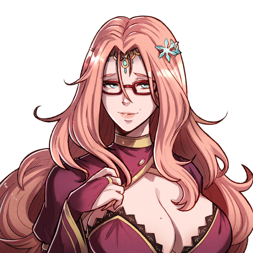 1girl blue_eyes breasts bridal_gauntlets circlet commission cornelia_arnim fire_emblem fire_emblem:_three_houses glasses gzei highres huge_breasts large_breasts lipstick long_hair makeup mole pink_hair pink_lips red-framed_eyewear second-party_source