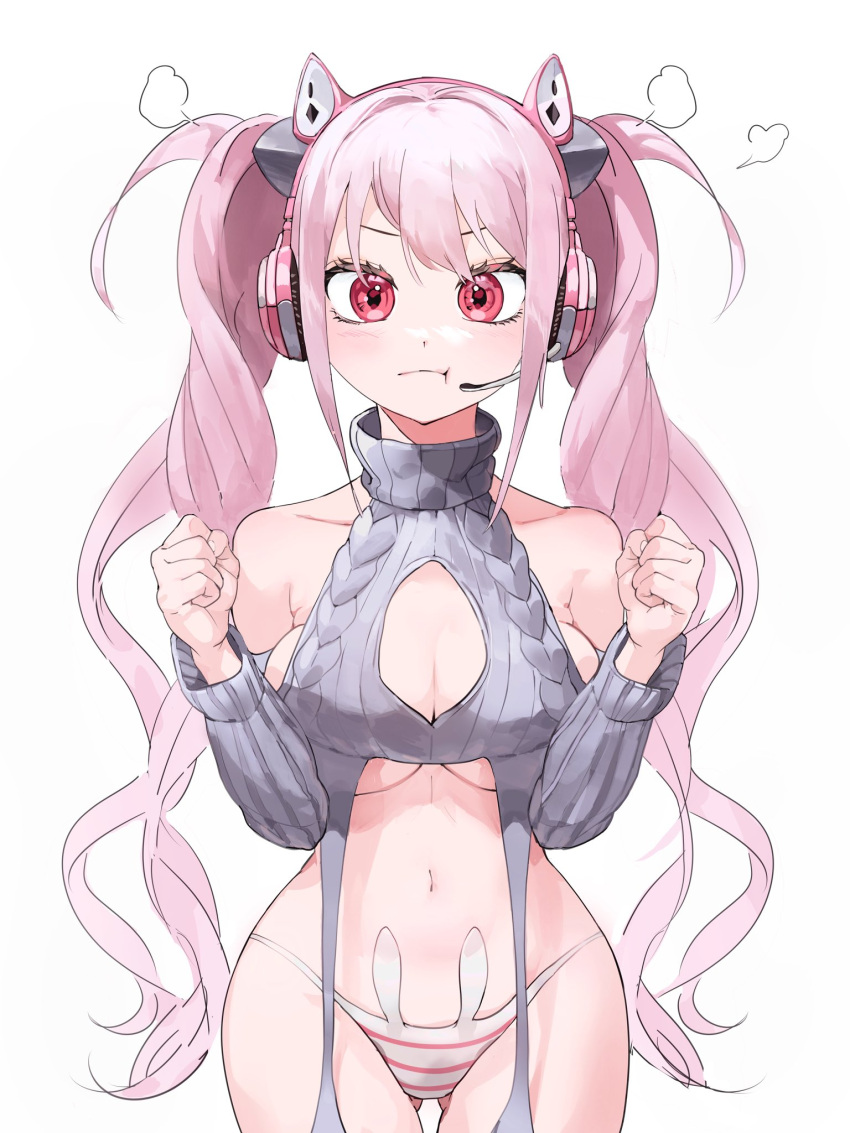 1girl alice_(nikke) ass_visible_through_thighs bare_shoulders blush breasts cleavage clenched_hands goddess_of_victory:_nikke headset highres korean_commentary long_hair looking_at_viewer oung69 panties pink_eyes pink_hair pout simple_background solo striped_clothes striped_panties twintails underwear white_background