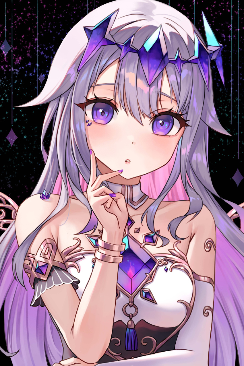 1girl absurdres ahaha_kun bare_shoulders blush breasts chest_jewel colored_inner_hair detached_collar dress gem grey_hair hair_between_eyes hair_flaps highres hololive hololive_english jewel_under_eye koseki_bijou koseki_bijou_(1st_costume) long_hair looking_at_viewer multicolored_hair open_mouth pink_hair purple_eyes purple_hair solo virtual_youtuber white_dress