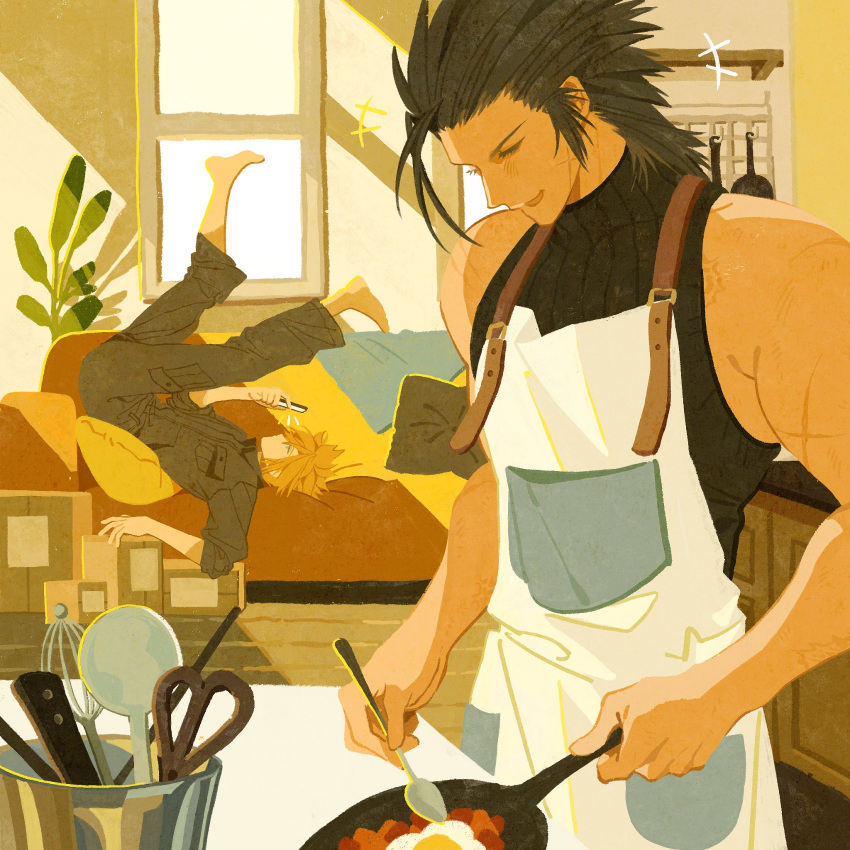 2boys apron aqua_eyes bare_shoulders barefoot black_hair black_shirt blonde_hair closed_eyes cloud_strife cooking couch egg final_fantasy final_fantasy_vii hair_between_eyes hair_slicked_back highres holding holding_pan holding_phone indoors legs_up lying male_focus medium_hair multiple_boys on_back open_mouth phone scar scar_on_cheek scar_on_face shirt short_hair sideburns sleeveless sleeveless_turtleneck sleeves_rolled_up spiked_hair turtleneck white_apron xevir3399 zack_fair