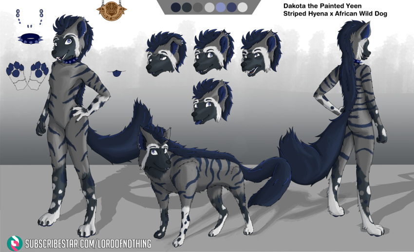 african_wild_dog blue_eyes blue_teeth blue_tongue canid canine collar dakota_(disambiguation) digitigrade ear_piercing female fur grey_body grey_fur inner_ear_fluff lordofnothin1 mammal model_sheet multicolored_body multicolored_fur piercing teeth tongue tuft