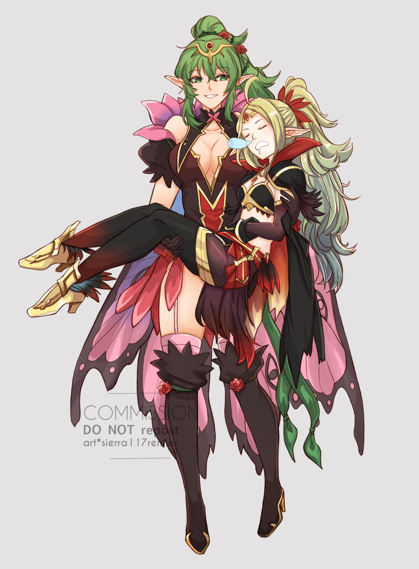 2girls absurdres ahoge artist_name black_dress black_footwear black_gloves black_pantyhose blonde_hair boots breasts cape carrying carrying_person cleavage commission dress drooling english_commentary facing_viewer fire_emblem fire_emblem_awakening fire_emblem_heroes flower full_body gloves gold_footwear green_eyes green_hair hair_between_eyes hair_flower hair_ornament highres large_breasts long_hair looking_at_another mouth_drool multiple_girls nose_bubble nowi_(fire_emblem) nowi_(resplendent)_(fire_emblem) official_alternate_costume pantyhose pointy_ears ponytail princess_carry sierra117renner sleeping small_breasts thigh_boots tiara tiki_(adult)_(fire_emblem) tiki_(adult)_(resplendent)_(fire_emblem) tiki_(fire_emblem)