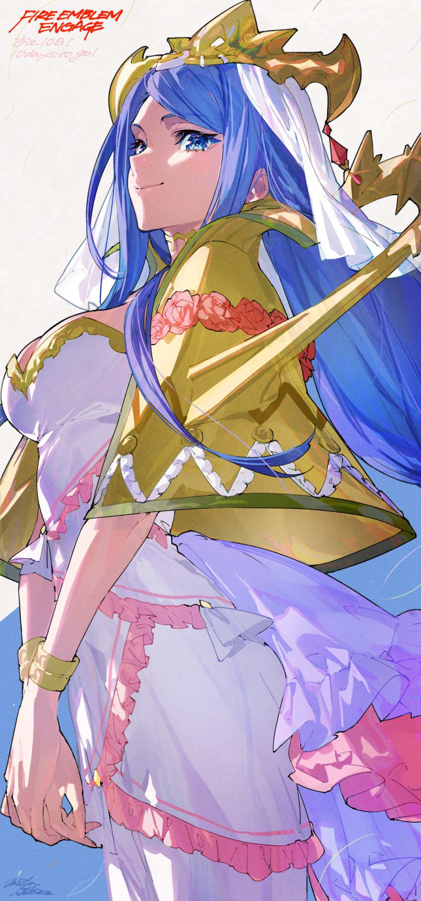 1girl aqua_hair bangs breasts capelet cleavage crown dress fire_emblem fire_emblem_engage headdress highres jewelry large_breasts long_hair looking_at_viewer lumera_(fire_emblem) mature_female mika_pikazo official_art ribbon sidelocks smile swept_bangs very_long_hair