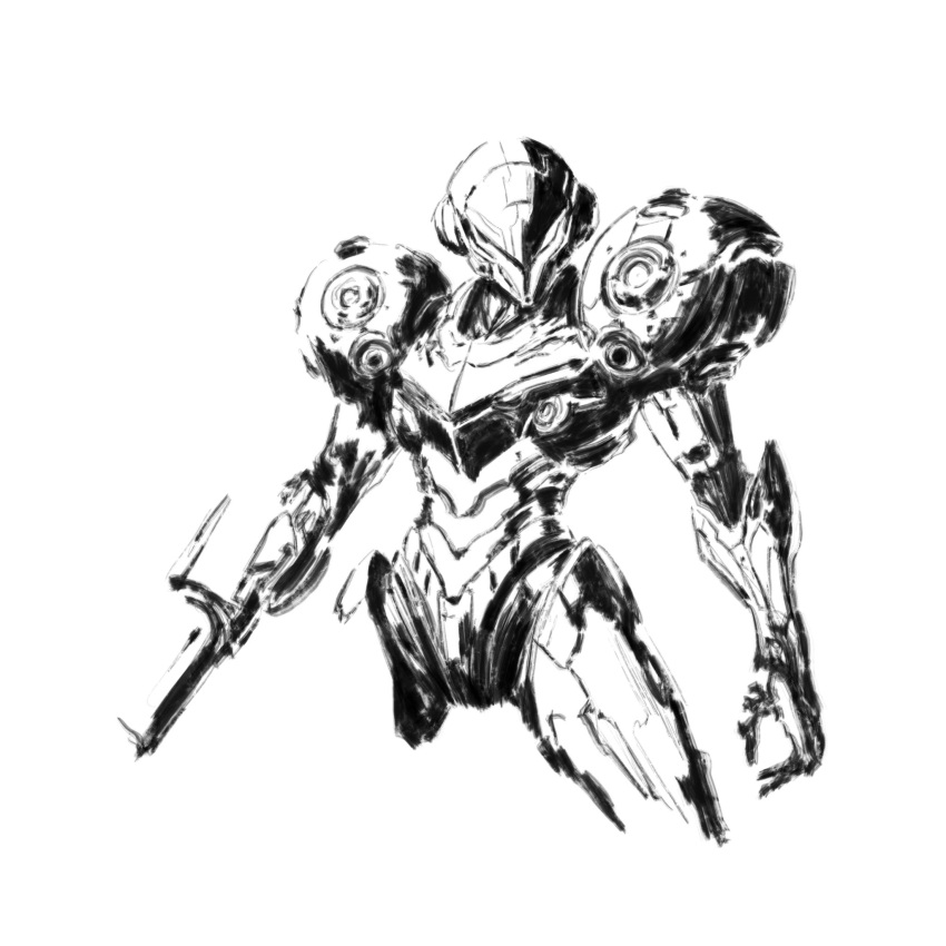 1girl alzandahh arm_cannon armor assault_visor facing_viewer gun helmet highres metroid metroid_dread power_armor power_suit power_suit_(metroid) samus_aran science_fiction simple_background sketch solo weapon white_background