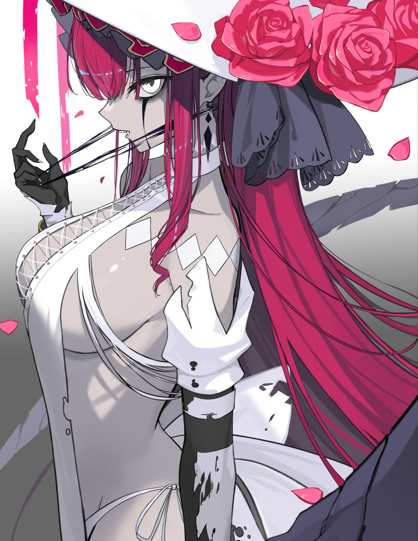 1girl baobhan_sith_(fate) baobhan_sith_(third_ascension)_(fate) bare_shoulders breasts colored_skin cross-laced_clothes detached_sleeves dress earrings facial_mark falling_petals fang fate/grand_order fate_(series) flower gradient_background grey_background grey_eyes grey_skin highres jewelry long_hair looking_at_viewer open_mouth panties petals pink_hair poi red_flower revealing_clothes rikui_(rella2930) sideboob sidelocks sideways_glance solo teeth underwear vampire white_dress white_hat white_panties