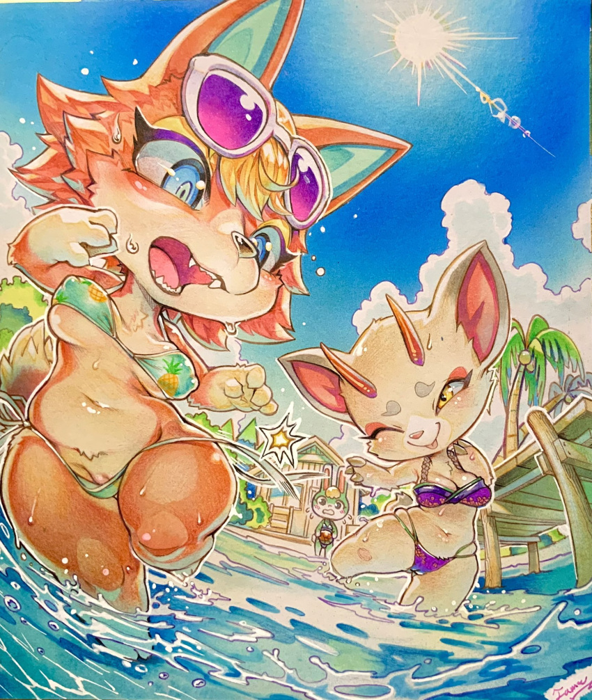 animal_crossing anthro audie_(animal_crossing) beach bikini canid canine canis clothing deer female genitals group hi_res lagomorph leporid male mammal nintendo nipple_outline partially_submerged pussy rabbit sasha_(animal_crossing) shino_(animal_crossing) swimwear tamanosuke tongue tongue_out trio wardrobe_malfunction wolf