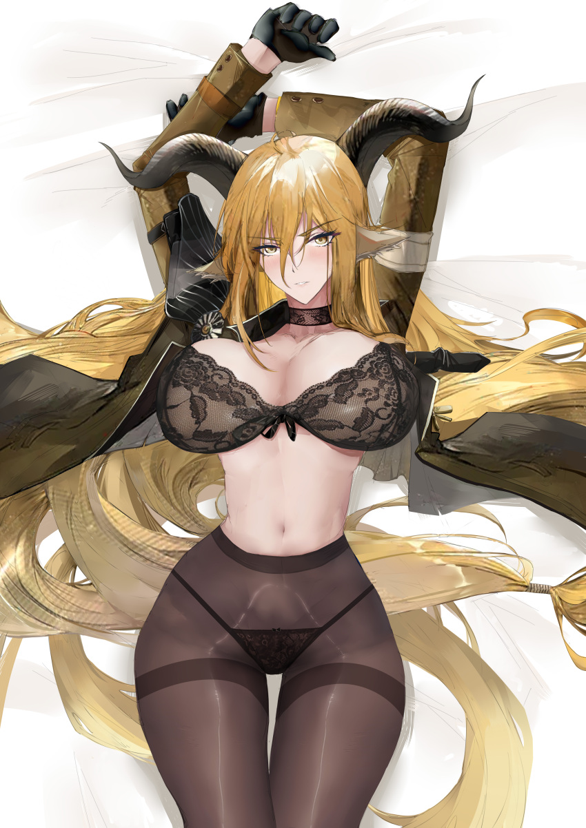 1girl absurdres arknights black_bra black_pantyhose blonde_hair bra breasts coat degenbrecher_(arknights) highres horns large_breasts long_hair long_sleeves lying navel on_back on_bed open_clothes open_coat pantyhose ritalem solo thighs underwear