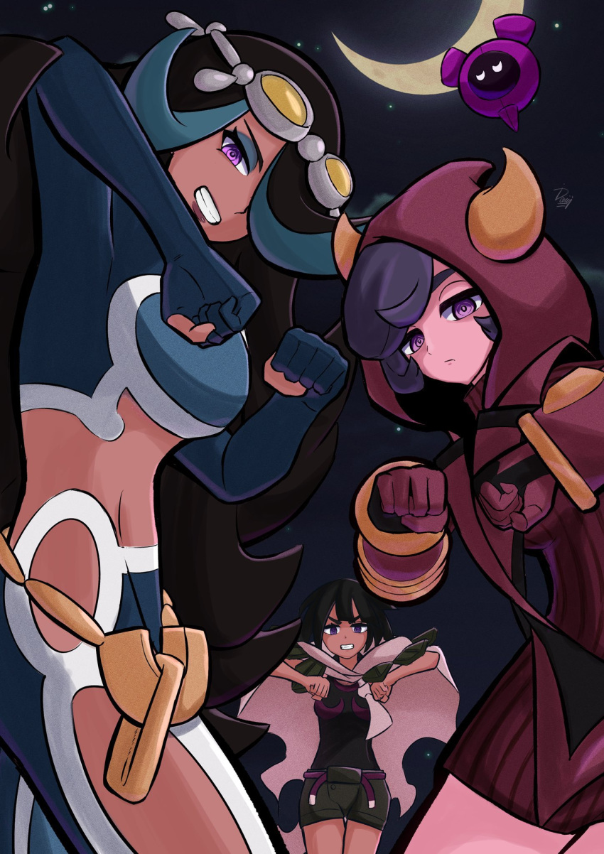 3girls black_hair blue_eyes blue_hair breasts cloak courtney_(pokemon) dark-skinned_female dark_skin dress fake_horns gloves goggles goggles_on_head hair_over_one_eye highres hood hood_up hooded_vest hoodie horned_headwear horns ida_(idalol490) large_breasts long_hair looking_at_viewer midriff mochi_mochi_dance multicolored_hair multiple_girls pecharunt pokemon pokemon_(creature) pokemon_oras pokemon_sv purple_eyes purple_hair red_eyes shelly_(pokemon) short_hair short_ponytail shorts smile team_aqua team_aqua_uniform team_magma team_magma_grunt team_magma_uniform two-tone_hair uniform vest zinnia_(pokemon)