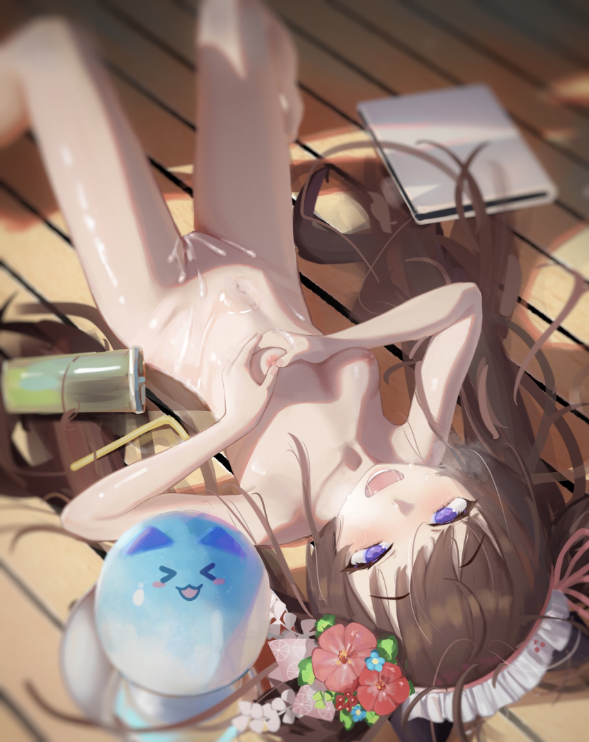 &gt;_&lt; 1girl absurdres after_sex bikini blue_archive blush breasts brown_hair cum cum_on_body cup drinking_straw english_commentary flower food grabbing_own_breast hair_ornament hibiscus highres hsch kanzashi long_hair looking_at_viewer lying maid_headdress nipples on_back on_floor open_mouth petite pink_bikini purple_eyes red_flower shaved_ice shiny_skin shizuko_(blue_archive) shizuko_(swimsuit)_(blue_archive) small_breasts solo swimsuit twintails very_long_hair