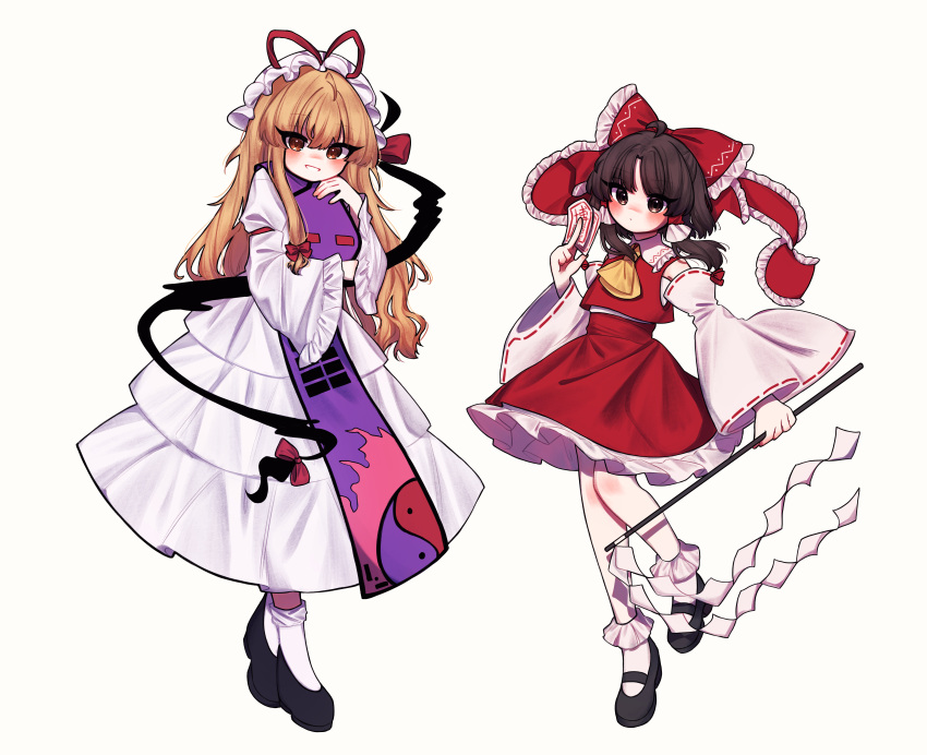 2girls absurdres ascot black_footwear blonde_hair blush bow brown_eyes brown_hair commentary detached_sleeves dress flame_print frilled_bow frilled_hair_tubes frills gap_(touhou) gohei hair_bow hair_tubes hakurei_reimu hat hat_ribbon highres holding holding_gohei long_hair long_sleeves looking_at_viewer mary_janes mob_cap multiple_girls ofuda purple_tabard red_bow red_skirt ribbon ribbon-trimmed_sleeves ribbon_trim shoes skirt skirt_set smile tabard tohou89 touhou very_long_hair wide_sleeves yakumo_yukari yellow_ascot yin_yang yin_yang_print