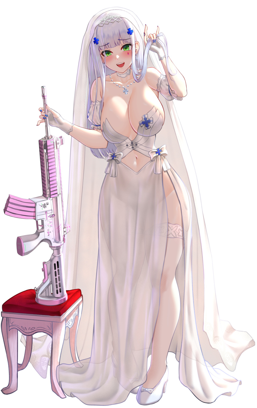 1girl absurdres alternate_costume bare_shoulders blue_nails blush breasts chinese_commentary cleavage clothing_cutout collarbone commentary_request dress full_body girls'_frontline green_eyes gun hair_ornament hands_up highres hk416_(girls'_frontline) large_breasts long_hair nail_polish navel navel_cutout open_mouth popoman simple_background smile solo standing teardrop_facial_mark thighhighs thighs weapon white_background white_dress white_footwear white_thighhighs