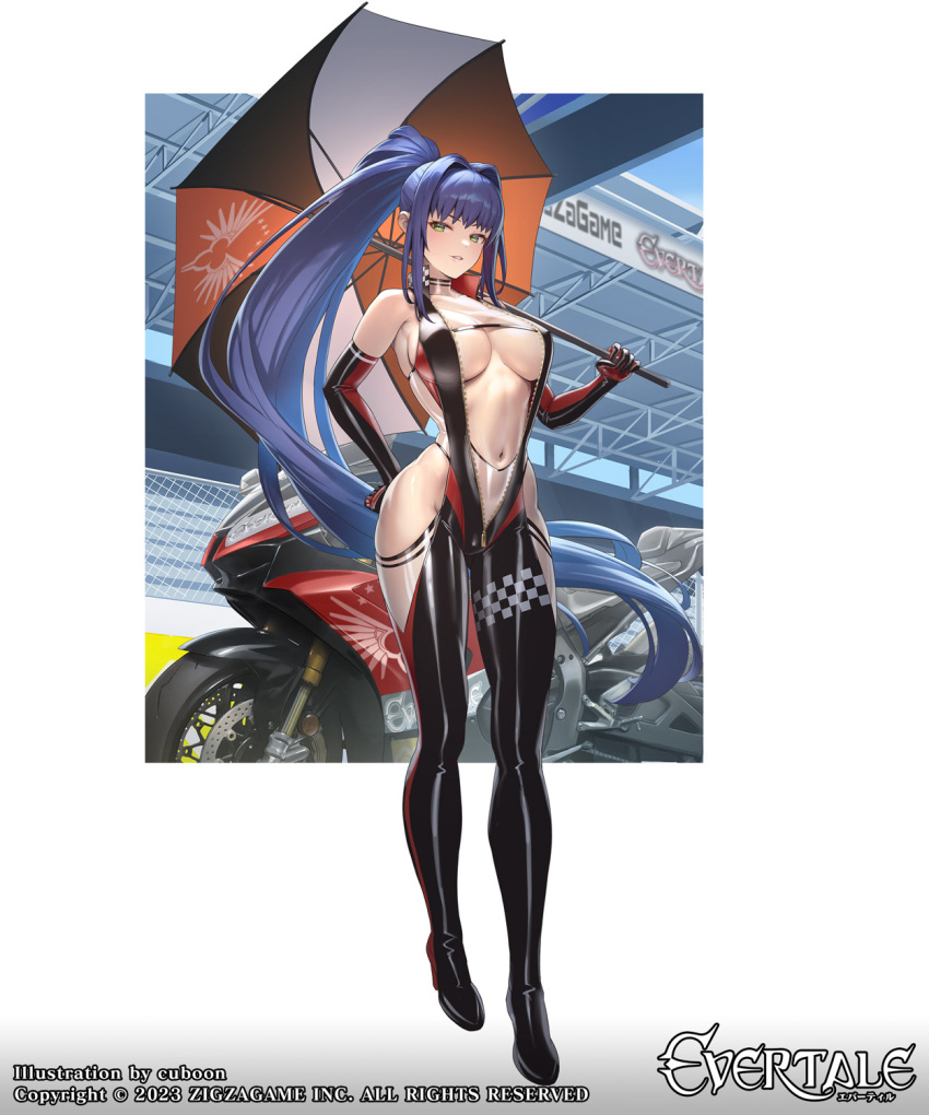 1girl bangs bare_shoulders biker_clothes bikesuit blue_hair bodysuit breasts cleavage cuboon evertale green_eyes grin ground_vehicle hand_on_hip high_heels highres holding holding_umbrella long_hair looking_at_viewer ludmilla motor_vehicle motorcycle navel official_art ponytail race_queen see-through smile solo umbrella very_long_hair