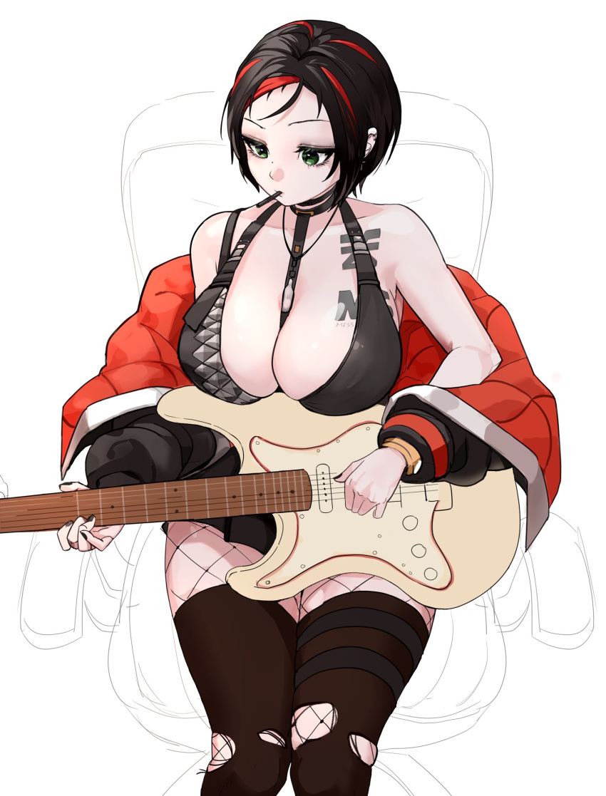 1girl bare_shoulders between_breasts black_hair black_nails black_thighhighs breasts cigarette cleavage crow_(nikke) electric_guitar fishnet_pantyhose fishnets goddess_of_victory:_nikke green_eyes guitar highres instrument jacket korean_commentary makeup mascara multicolored_hair off_shoulder oung69 pantyhose red_hair short_hair solo streaked_hair thighhighs torn_clothes torn_thighhighs