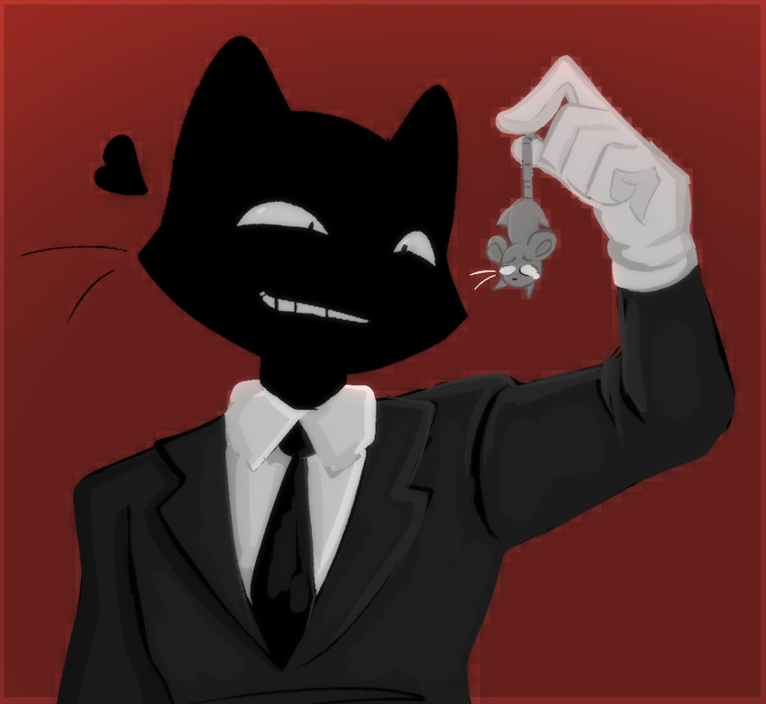 anthro black_tie_(suit) bunnycat bunnycatevil clothing dangling domestic_cat duo felid feline felis feral grin heart_symbol hi_res male male/male mammal mouse murid murine predator/prey pupils red_background rodent scared simple_background size_difference slit_pupils smile standing suit