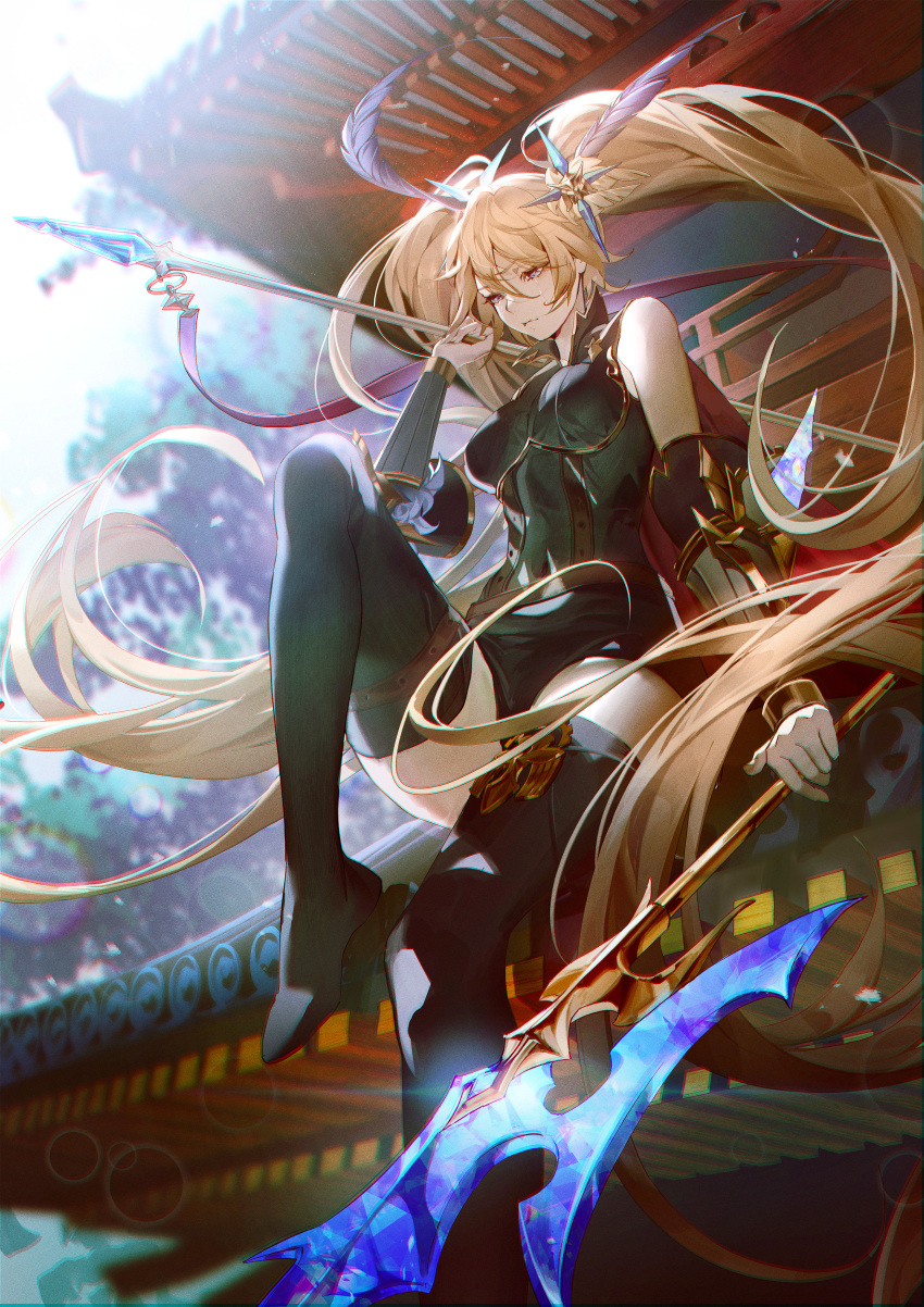 1girl absurdres architecture arm_guards black_dress black_thighhighs blonde_hair blurry boots breasts character_request closed_mouth commentary_request depth_of_field dress dual_wielding east_asian_architecture feather_hair_ornament feathers foot_out_of_frame hair_ornament hand_up highres holding holding_weapon knee_up lens_flare long_hair medium_breasts nea_(nongta2002) orient_arcadia outdoors sitting solo thigh_boots thighhighs twintails very_long_hair weapon