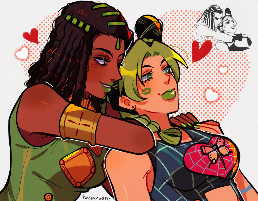 2girls black_hair braid breasts brown_hair commentary_request dark-skinned_female dark_skin derivative_work double_bun dreadlocks earrings ermes_costello facial_tattoo green_eyes green_hair green_lips hair_bun heart highres huyandere jewelry jojo_no_kimyou_na_bouken kujo_jolyne lipstick_mark medium_breasts multicolored_hair multiple_girls parted_lips reference_inset signature single_braid stone_ocean stud_earrings tattoo two-tone_hair yuri