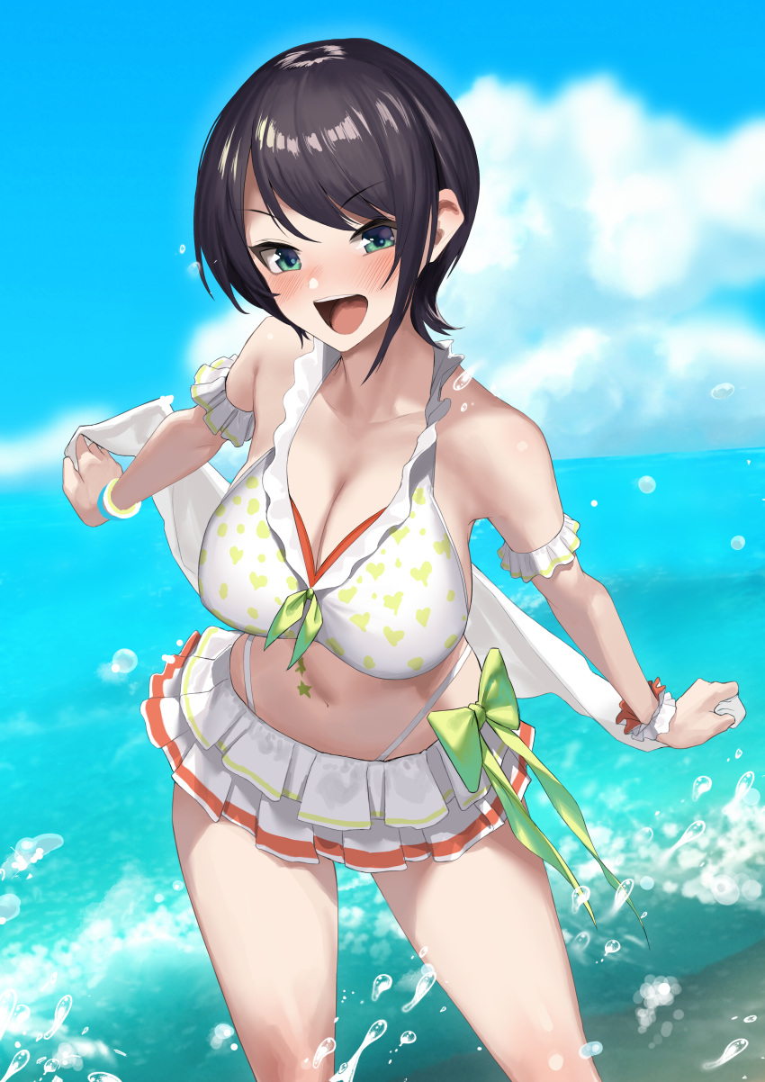 1girl absurdres alternate_breast_size arm_garter bikini bikini_skirt black_hair blue_eyes blue_sky blush breasts cloud day frilled_bikini frills front-tie_bikini_top front-tie_top gen_(black_factory) highres hololive hololive_summer_2022_swimsuit horizon large_breasts looking_at_viewer navel ocean official_alternate_costume oozora_subaru open_mouth outdoors print_bikini short_hair sky smile solo star_tattoo swept_bangs swimsuit tattoo thighs virtual_youtuber water waves white_bikini