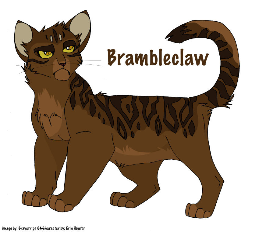 2008 ambiguous_gender bramblestar_(warriors) brown_body brown_fur cel_shading digital_drawing_(artwork) digital_media_(artwork) domestic_cat english_text feet felid feline felis feral frown fur graystripe64 hi_res looking_up male_(lore) mammal markings paws quadruped shaded simple_background solo standing striped_body striped_fur stripes tabby_cat tail text warriors_(book_series) white_background yellow_eyes