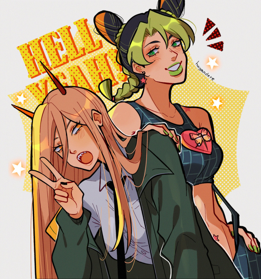 2girls absurdres artist_name black_hair black_nails black_necktie braid braided_ponytail breasts chainsaw_man commentary crop_top crossover double_bun earrings fairouz_ai green_eyes green_hair green_jacket green_lips green_nails hair_between_eyes hair_bun heart highres horns huyandere jacket jewelry jojo_no_kimyou_na_bouken kujo_jolyne light_brown_hair long_hair medium_breasts multicolored_hair multiple_girls navel_piercing necktie orange_eyes piercing power_(chainsaw_man) red_horns ringed_eyes signature single_braid smile star_(symbol) star_earrings stone_ocean two-tone_hair v voice_actor_connection