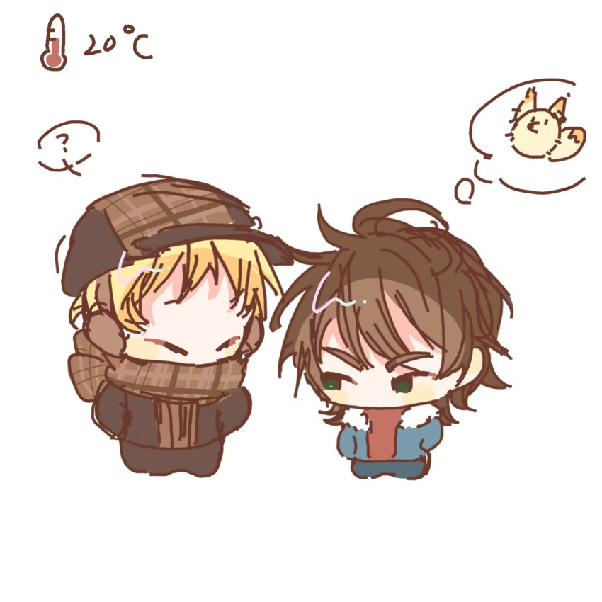 2boys ? atou_haruki blonde_hair blue_jacket blue_pants brown_hair brown_hat brown_jacket brown_pants brown_sweater chibi chinese_commentary closed_eyes commentary_request earmuffs fur-trimmed_jacket fur_trim green_eyes highres isoi_reiji jacket male_focus multiple_boys no_mouth no_nose open_clothes open_jacket pants red_shirt ribbed_sweater saibou_shinkyoku shiqu_shanchuan shirt short_hair sketch spoken_question_mark sweater