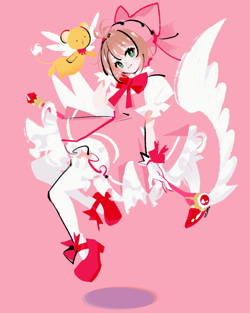 1girl antenna_hair bow bowtie brown_hair cardcaptor_sakura dress feathered_wings full_body fuuin_no_tsue gloves green_eyes highres holding holding_wand kero_(cardcaptor_sakura) kinomoto_sakura looking_at_viewer magical_girl marina_(mrn9) pink_background pink_dress pink_hat puffy_short_sleeves puffy_sleeves red_bow red_bowtie red_footwear shadow short_hair short_sleeves thighhighs wand white_gloves white_thighhighs white_wings wings