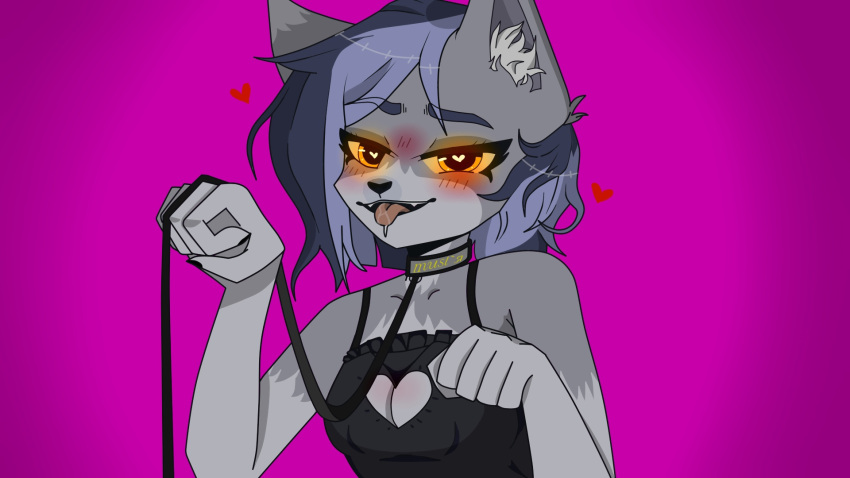 anthro aroused black_clothing blush clothing collar digital_media_(artwork) domestic_cat felid feline felis female fur grey_body grey_fur hair heart_eyes heart_symbol hehehe hi_res mammal open_mouth purple_eyes simple_background solo tongue tongue_out yellow_eyes