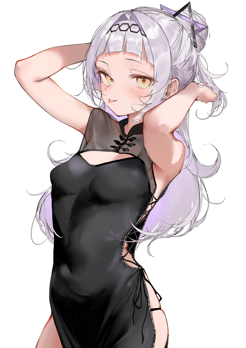 1girl :p absurdres alternate_costume arched_bangs armpits arms_up black_dress blunt_bangs blush breasts brooch cleavage_cutout clothing_cutout commentary covered_navel dress grey_hair hair_bun hair_ornament hairband highres hololive jewelry long_hair looking_at_viewer murasaki_shion pepq reference_inset see-through side-tie_dress small_breasts solo star_brooch symbol-only_commentary tongue tongue_out transparent_background virtual_youtuber yellow_eyes