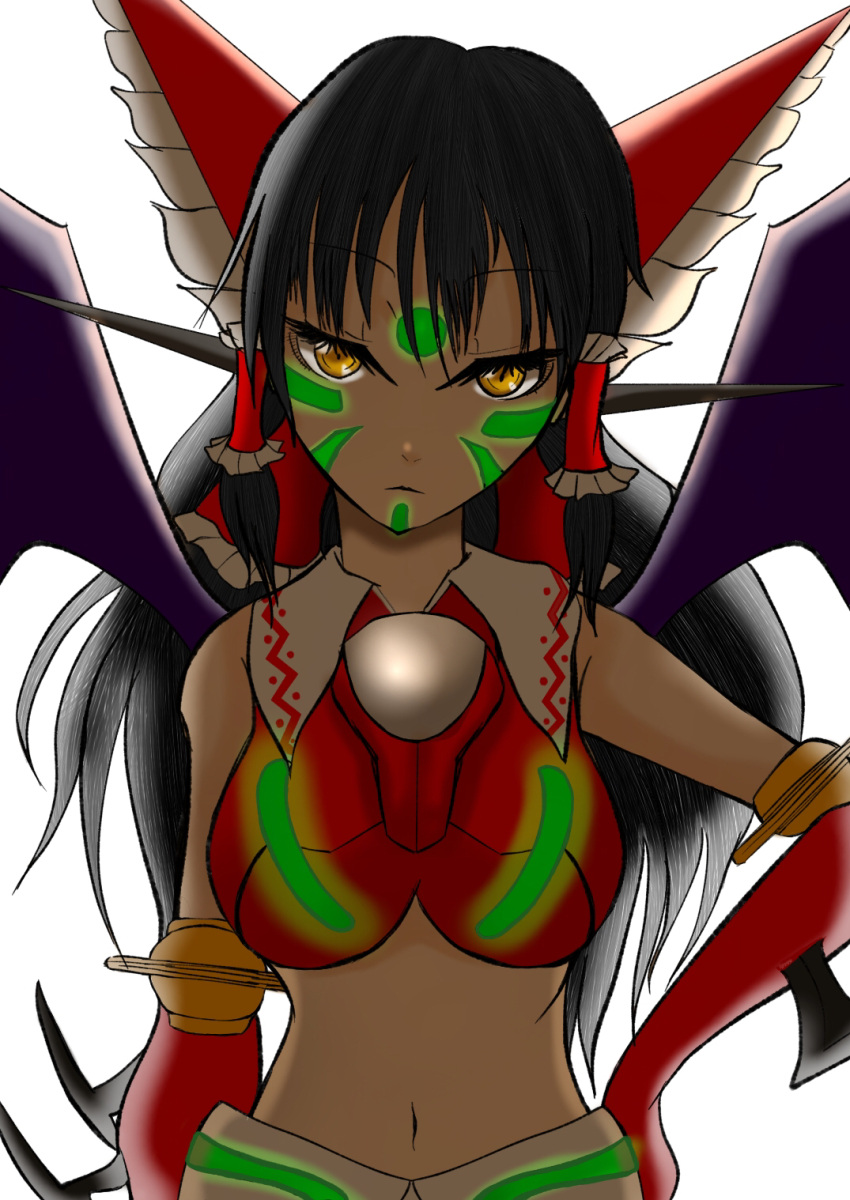 1girl arm_blade backlighting bare_shoulders black_hair bow breasts close-up collared_shirt crossover elbow_gloves facial_mark forehead_mark frilled_bow frilled_hair_tubes frills fusion gauntlets getter_robo gloves glowing_lines green_light hair_bow hair_tubes hakurei_reimu highres long_hair looking_at_viewer mecha_musume midriff navel nontraditional_miko onikudaisukiz red_bow red_shirt shin_getter-1 shin_getter_robo shirt sleeveless sleeveless_shirt solo strapless touhou tube_top upper_body weapon white_background wings yellow_eyes