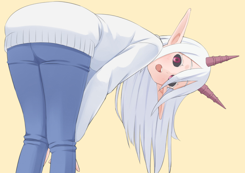 1girl :o ass bent_over black_sclera blue_pants colored_sclera easy_(aqk7bdqt) hair_between_eyes hime-sama_"goumon"_no_jikan_desu horns long_hair long_sleeves looking_at_viewer lulune_(himesama_goumon) pants pink_eyes pointy_ears simple_background solo sweater white_hair white_sweater yellow_background