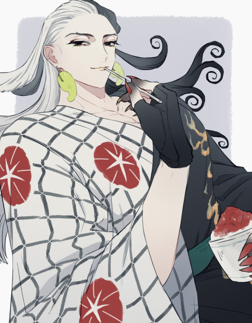 1boy applying_makeup ashiya_douman_(asagao-patterned_yukata)_(fate) ashiya_douman_(fate) black_eyes black_hair earrings eyeshadow fate/grand_order fate_(series) fingerless_gloves fingernails food gloves green_eyeshadow green_lips highres jewelry long_hair looking_at_viewer magatama magatama_earrings makeup male_focus multicolored_hair official_alternate_costume raikoko19 red_nails sharp_fingernails shaved_ice smile solo split-color_hair very_long_fingernails very_long_hair white_hair