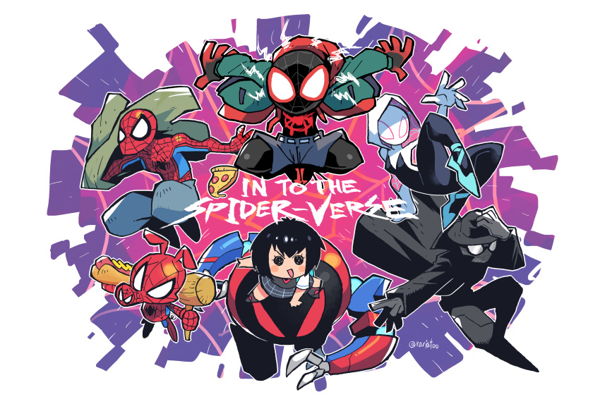 2girls 4boys :d absurdres ballet_slippers bangs black_hair bodysuit copyright_name fedora food gwen_stacy hammer hat highres hood hooded_bodysuit hot_dog jacket long_coat marvel mecha miles_morales multiple_boys multiple_girls open_clothes open_jacket pants peni_parker peter_b_parker peter_parker pizza rariatto_(ganguri) robot school_uniform short_hair smile sp//dr spider-gwen spider-ham spider-man spider-man:_into_the_spider-verse spider-man_(miles_morales) spider-man_(series) spider-man_noir superhero sweatpants