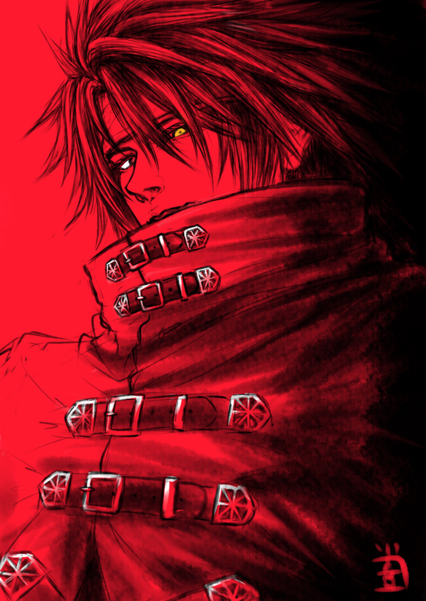 1boy absurdres aterumichino belt belt_buckle black_hair buckle cloak closed_mouth final_fantasy final_fantasy_vii final_fantasy_vii_rebirth final_fantasy_vii_remake hair_between_eyes headband highres long_hair looking_at_viewer male_focus multiple_belts red_background red_cloak red_eyes red_headband red_theme solo spiked_hair two-tone_eyes upper_body vincent_valentine yellow_eyes