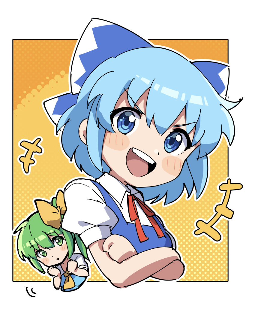 +++ 2girls :d absurdres ascot blue_bow blue_eyes blue_hair bow cirno collared_shirt cropped_torso crossed_arms daiyousei green_eyes green_hair hair_bow highres miz_(mizillustration) multiple_girls one-hour_drawing_challenge open_mouth outline outside_border puffy_short_sleeves puffy_sleeves shirt short_hair short_sleeves sketch smile solo_focus touhou v-shaped_eyebrows white_outline white_shirt yellow_ascot yellow_background