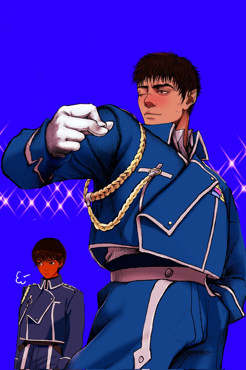 1boy 1girl aiguillette amestris_military_uniform arms_at_sides berserk black_hair blue_jacket blue_pants blue_theme casca_(berserk) cosplay dark-skinned_female dark_skin fullmetal_alchemist guts_(berserk) hand_in_pocket hashtag-only_commentary highres jacket long_sleeves military_uniform nisino2222 one_eye_closed pants pointy_ears riza_hawkeye riza_hawkeye_(cosplay) roy_mustang roy_mustang_(cosplay) scar scar_on_face scar_on_nose short_hair sideways_glance sigh simple_background smug spiked_hair uniform white_pants