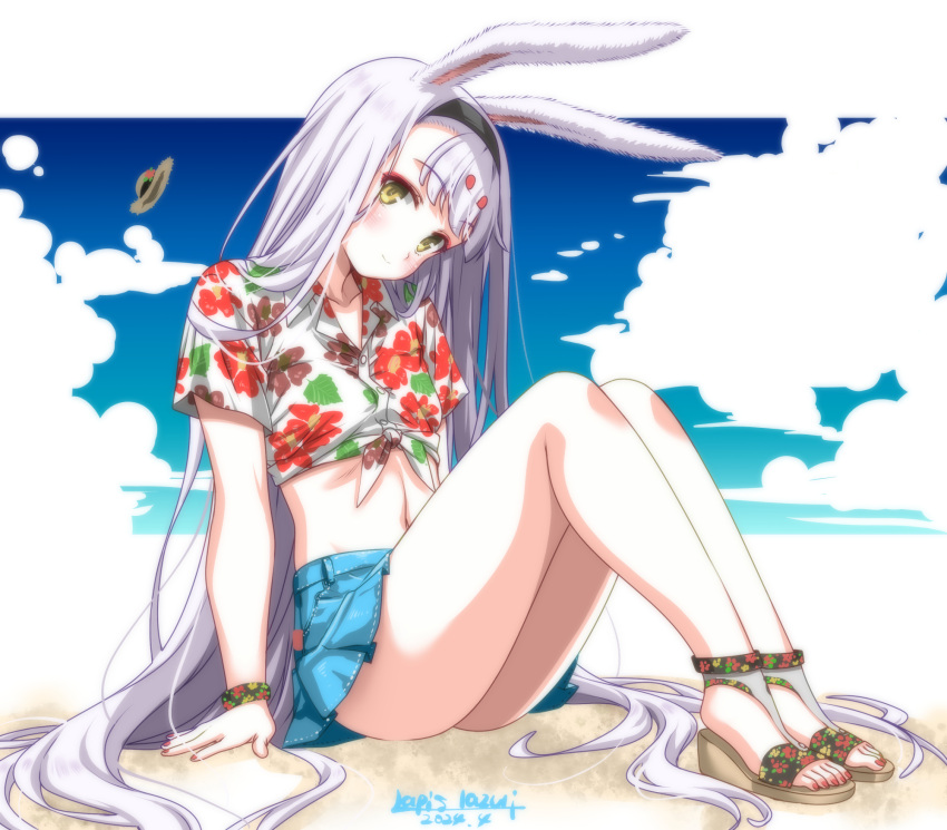 1girl animal_ears azur_lane blue_skirt blush brown_eyes cloud feet floral_print hairband highres knees_up legs long_hair midriff miniskirt nail_polish navel outdoors print_shirt rabbit_ears rabbit_girl sandals shimakaze_(azur_lane) shirt sitting skirt sky smile solo thighs toes umyonge_(lkakeu) very_long_hair white_hair