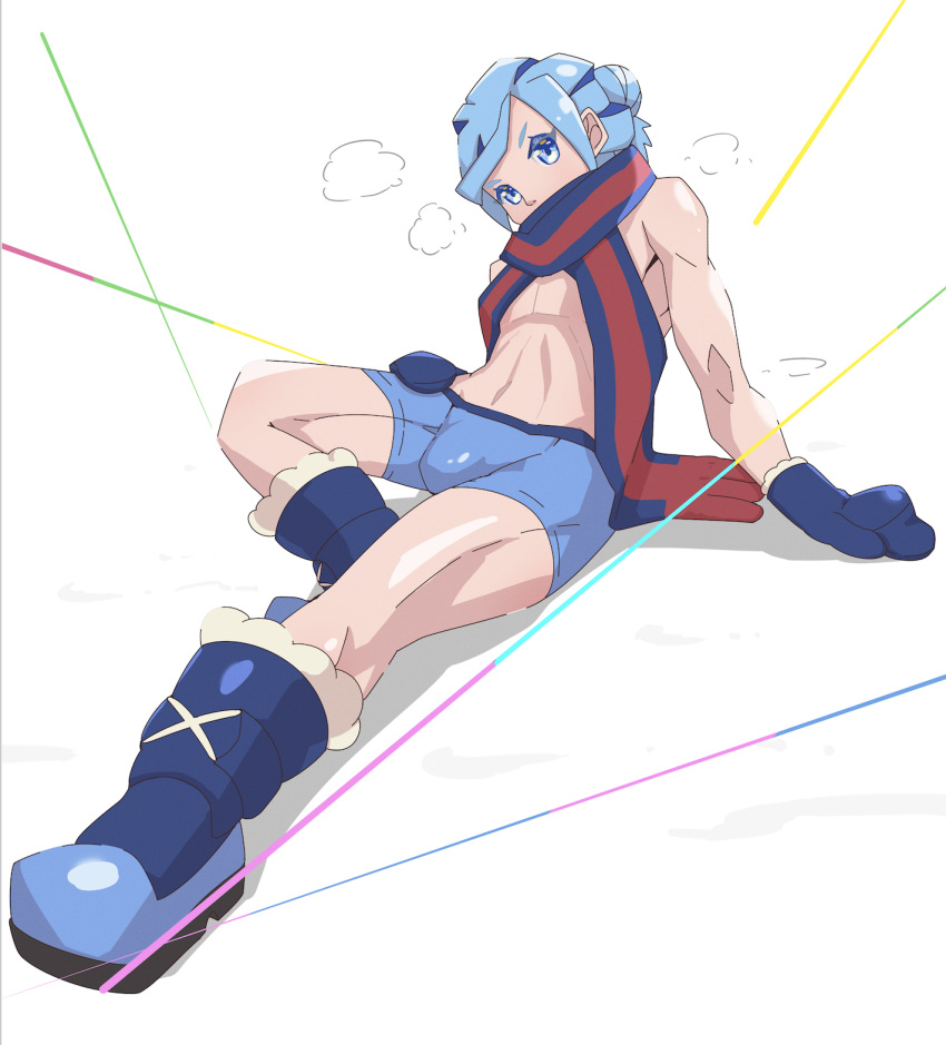 1boy bare_arms blue_footwear blue_hair blue_mittens boots boxer_briefs bulge commentary_request full_body grusha_(pokemon) hair_bun hand_on_own_thigh head_tilt highres male_focus male_underwear masamu_(leonore69) pokemon pokemon_(game) pokemon_sv scarf scarf_over_mouth shiny_skin solo steam striped striped_scarf underwear