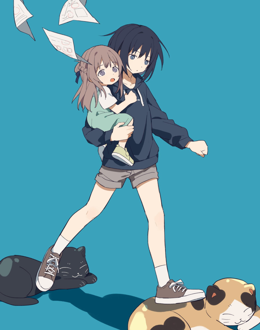 2girls aged_down black_cat black_hair black_hoodie blue_background blue_eyes braid brown_footwear brown_hair calico carrying carrying_person cat child coldcat. commentary_request commission drawstring french_braid full_body grey_eyes grey_shorts highres hood hoodie long_hair long_sleeves medium_hair miyagi_shiori multiple_girls open_mouth second-party_source sendai_hazuki shadow shoes shorts shuuniichido_classmate_wo_kau_hanashi simple_background sneakers socks white_socks