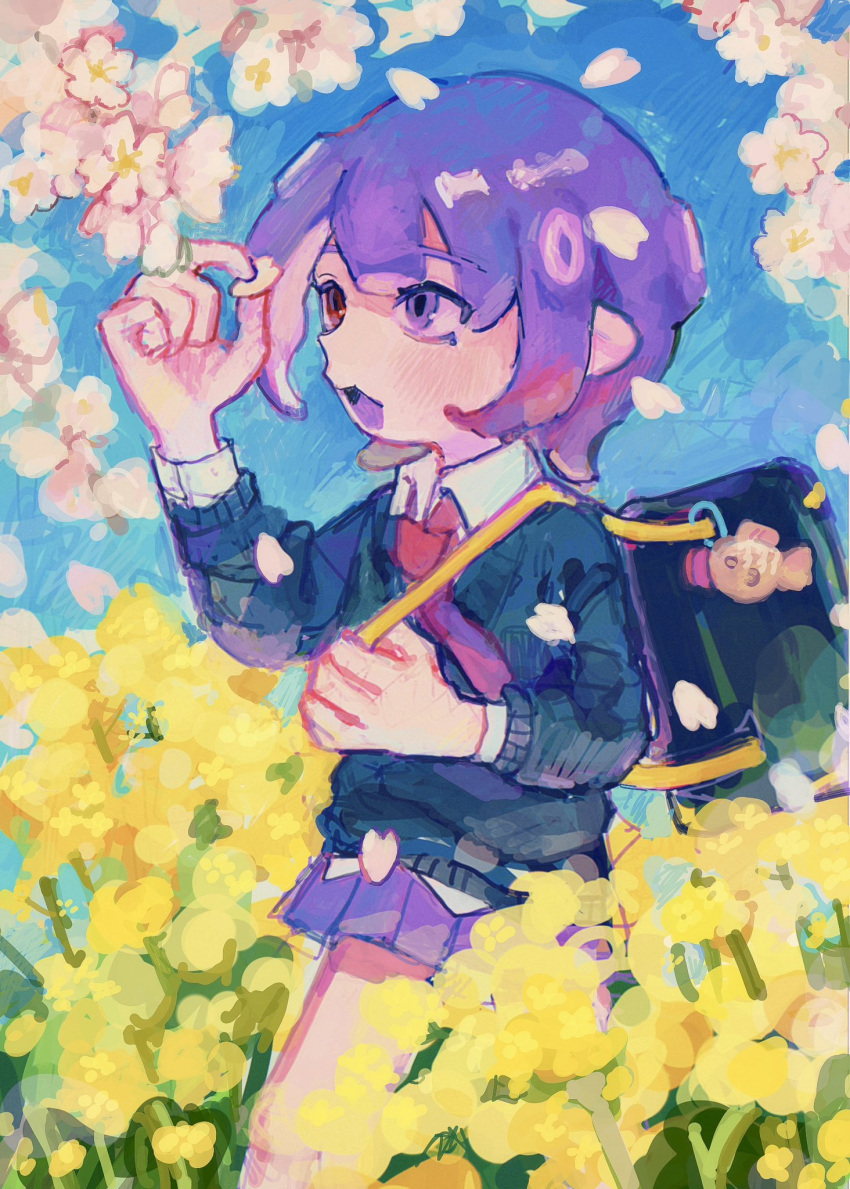 1girl :d arm_up bag bag_charm blue_background blue_bag blue_cardigan blush cardigan charm_(object) collared_shirt colored_tongue commentary_request cowboy_shot falling_petals flower heterochromia highres holding holding_petal looking_at_flowers looking_at_object medium_hair miniskirt necktie octoling octoling_girl octoling_player_character open_mouth petals pink_flower pleated_skirt purple_eyes purple_hair purple_skirt purple_tongue red_eyes red_necktie school_bag school_uniform shirt shoulder_bag skirt smile solo splatoon_(series) standing suction_cups tentacle_hair urcmvi white_shirt yellow_flower